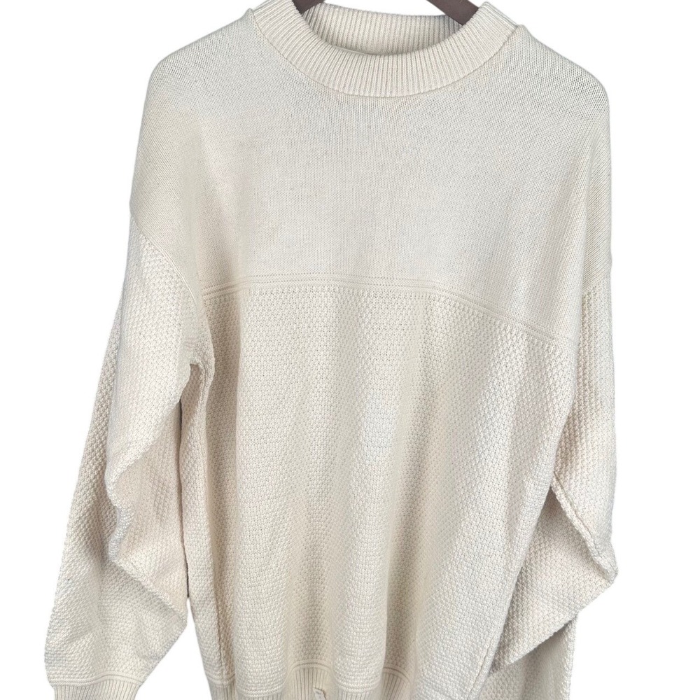 McBriar Nutmeg Mills Mens Cream Cotton Knit Crewneck Sweater Vintage USA LT